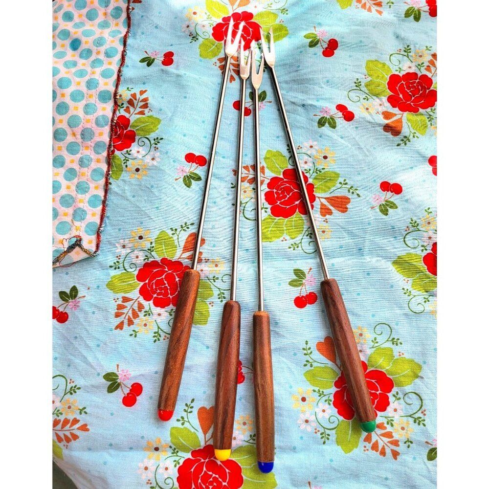 70s Retro Family Fun night Fondue Forks Wood Handle Vintage set of 4